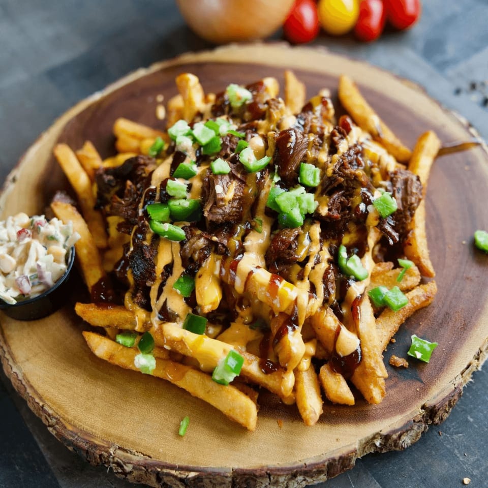 Aljoom BBQ's loaded fries with pulled pork, cheese sauce, BBQ sauce, and jalapeños on a wooden board.