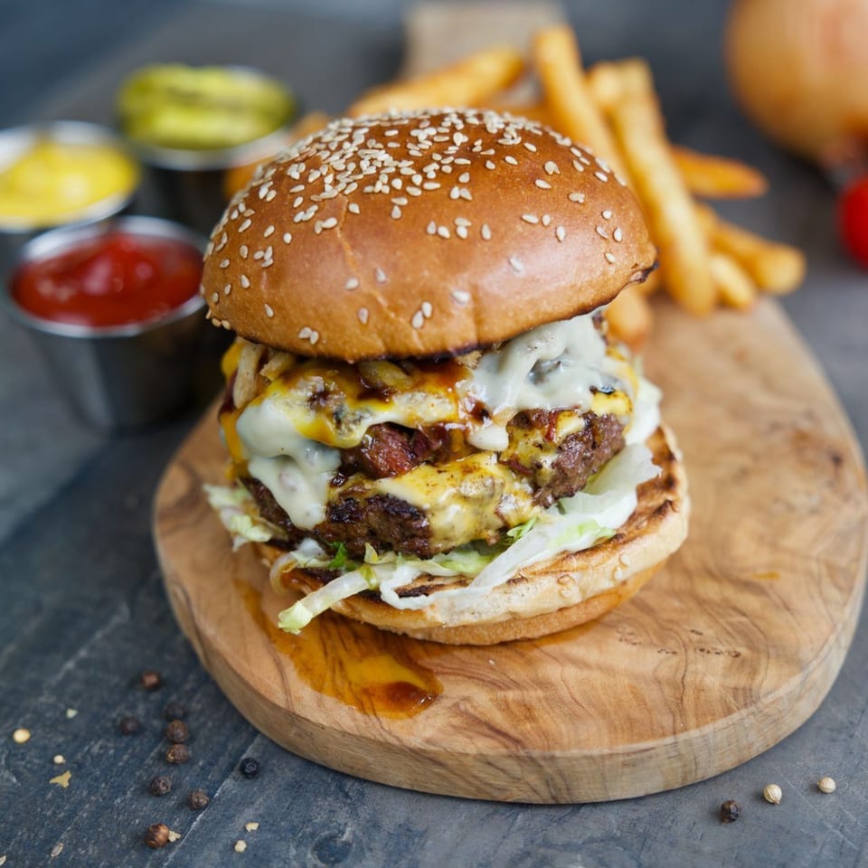 Aljoom BBQ's double cheeseburger with melted cheese, lettuce, and sauce, served with fries and condiments.