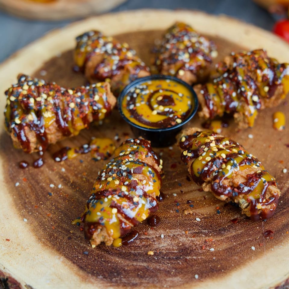 Aljoom BBQ chicken wings with mustard and BBQ sauce, topped with spices, on a wooden board.
