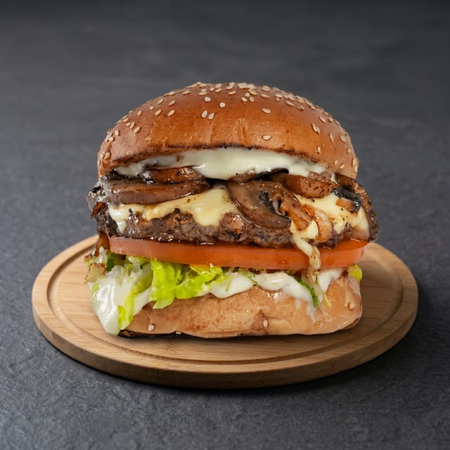 Shrooms N Swiss Burger.